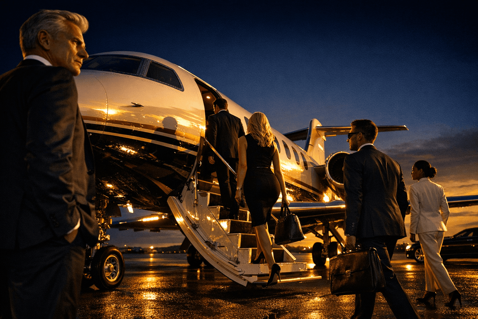 Interior of a luxury private jet cabin with comfortable seating
