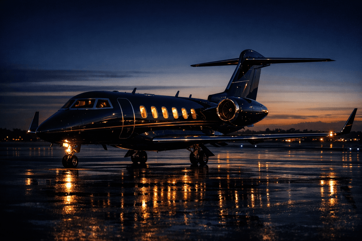 Private jet ready for departure with elegant lighting