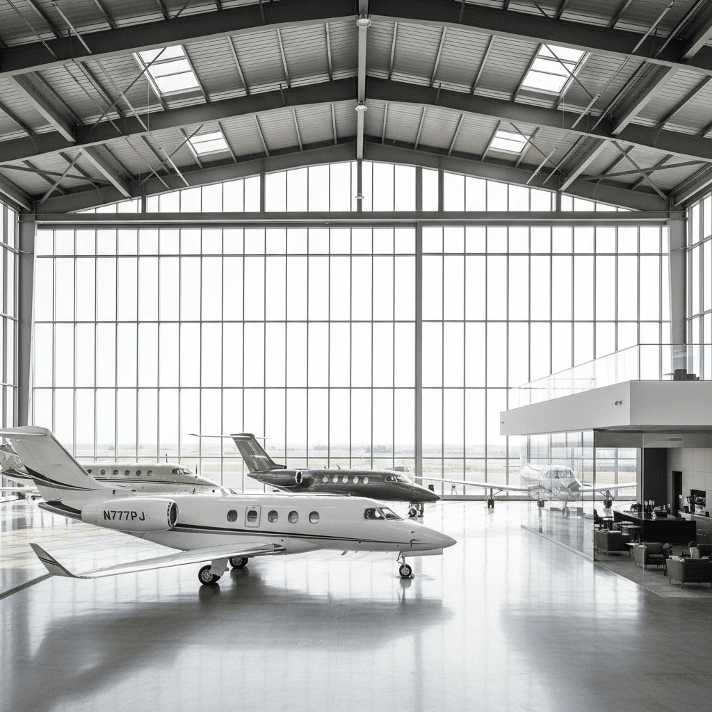 Private jet fleet in hangar