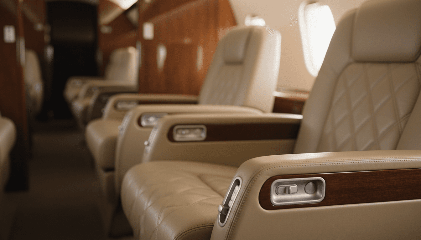 Leather cabin seat in a private jet interior