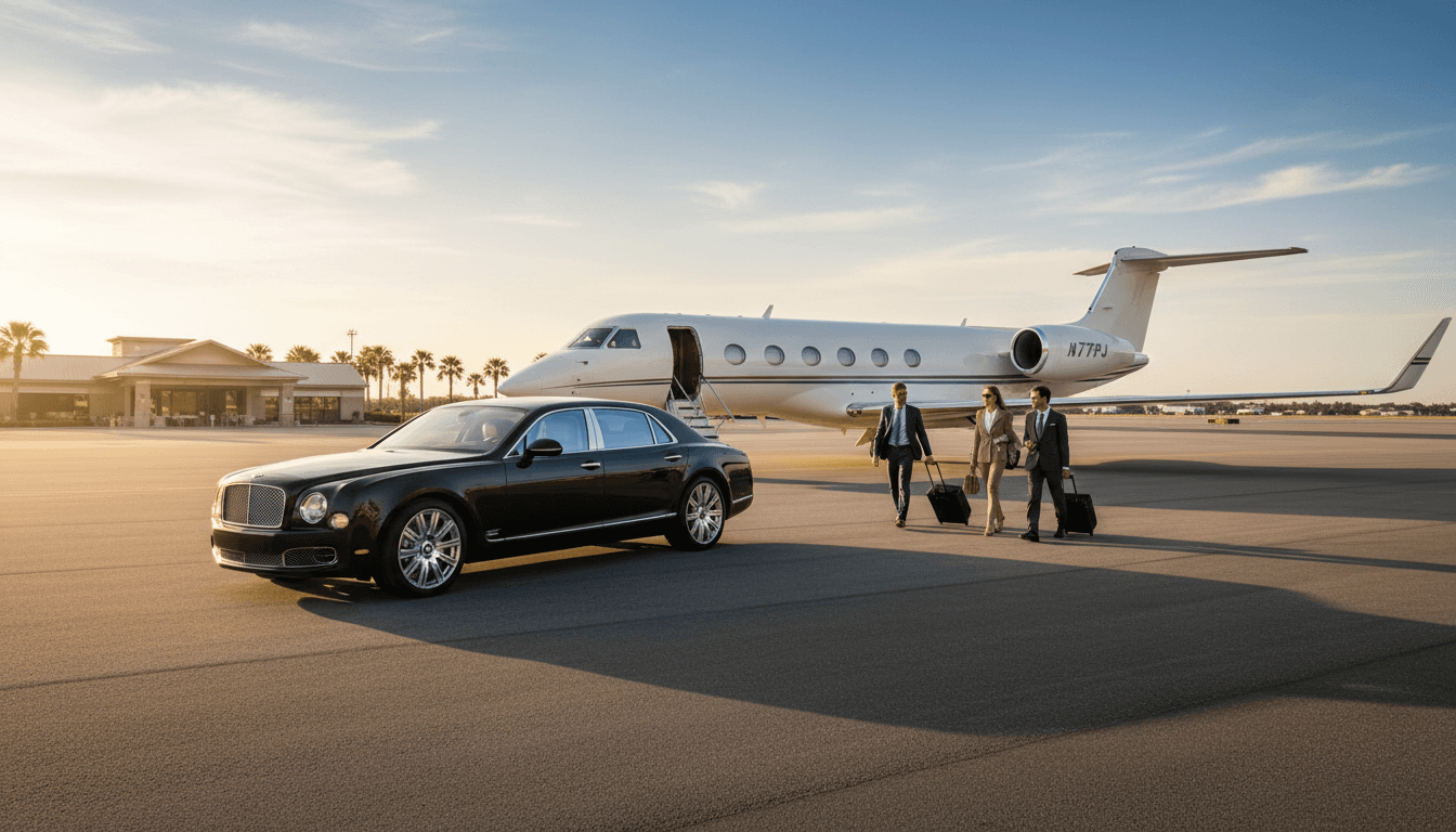 Car waiting for guests on private jet tarmac