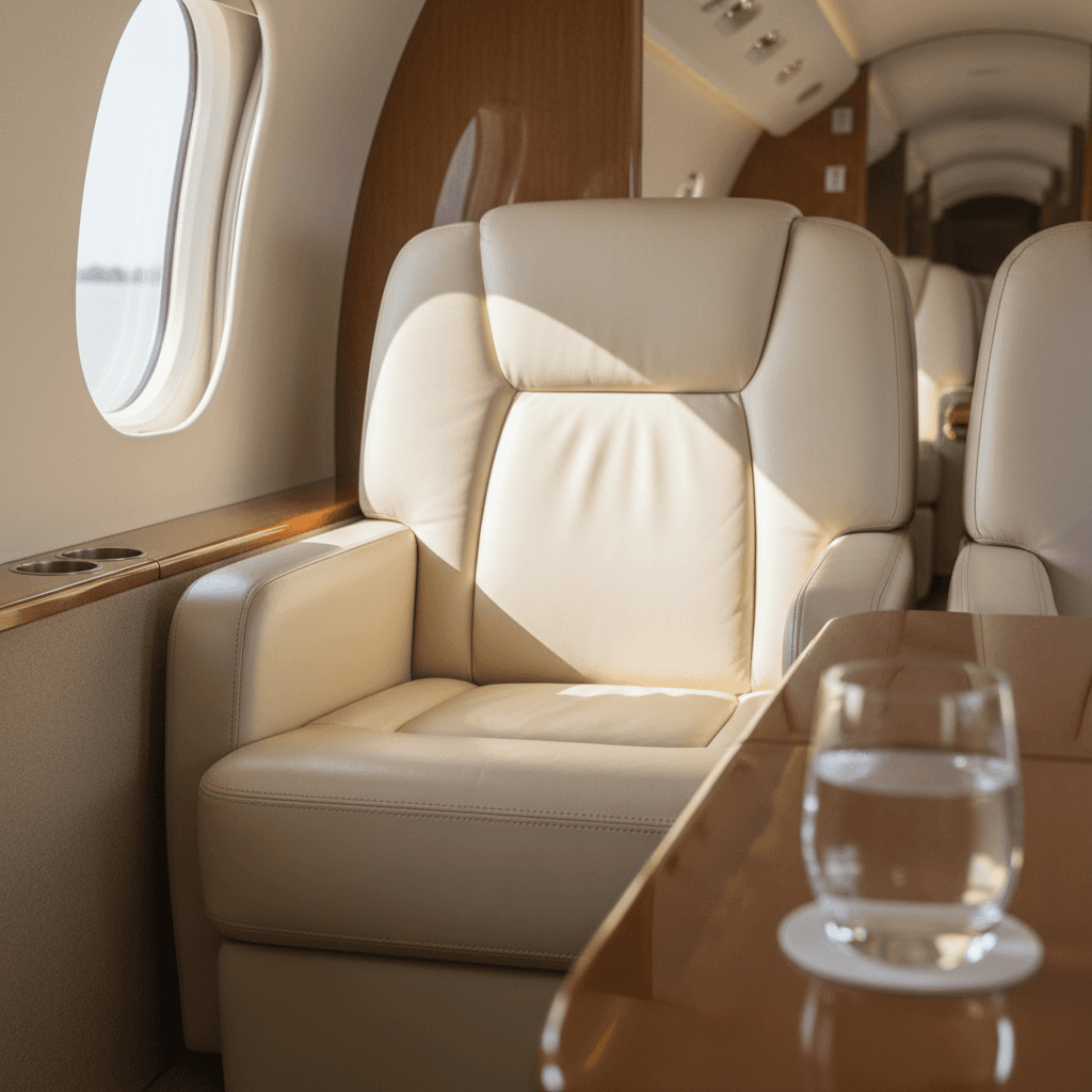 Private jet cabin with leather seat and wood table