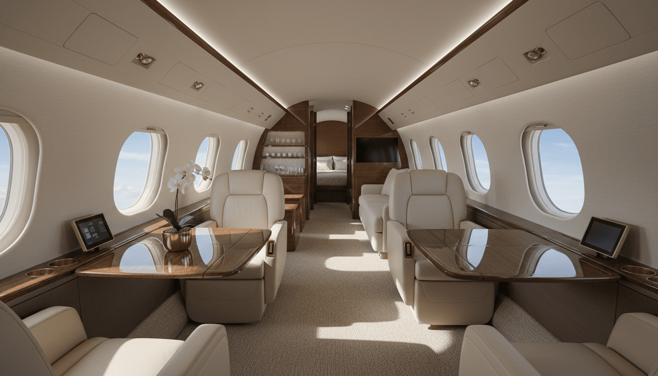 Interior of a luxury private jet with elegant seating and ambient lighting