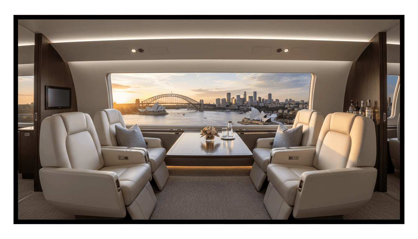 Private jet cabin interior with Sydney Harbour view