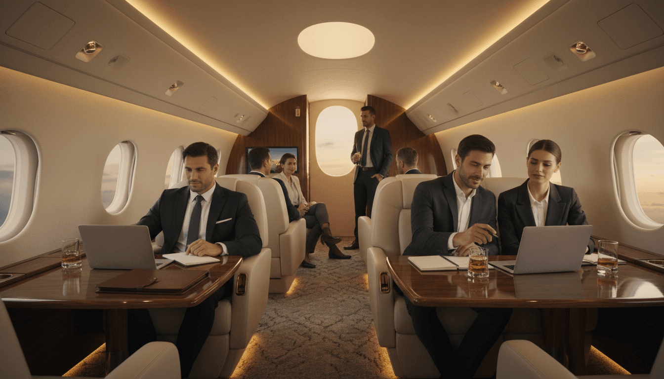 Empty private jet cabin interior showing luxury seating