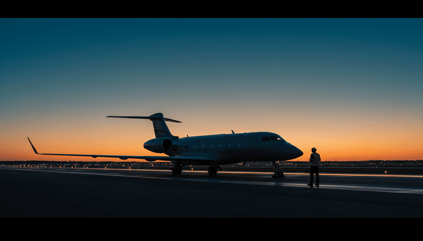 Private jet on a runway at sunset viewed from a low angle