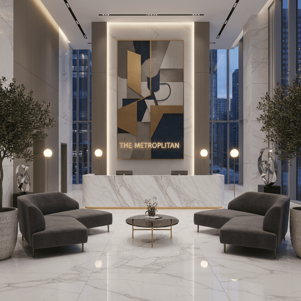 Upscale hotel lobby with marble accents and professional reception area