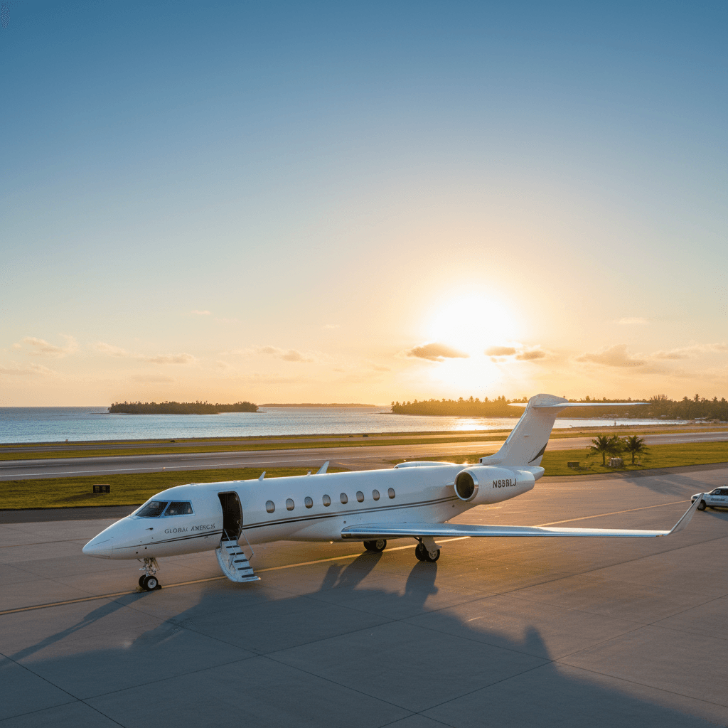 Private jet near turquoise ocean water