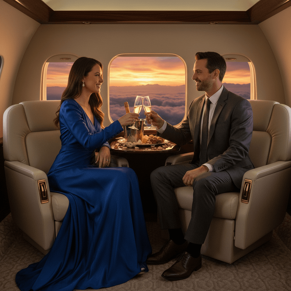 Couple toasting with champagne in private jet