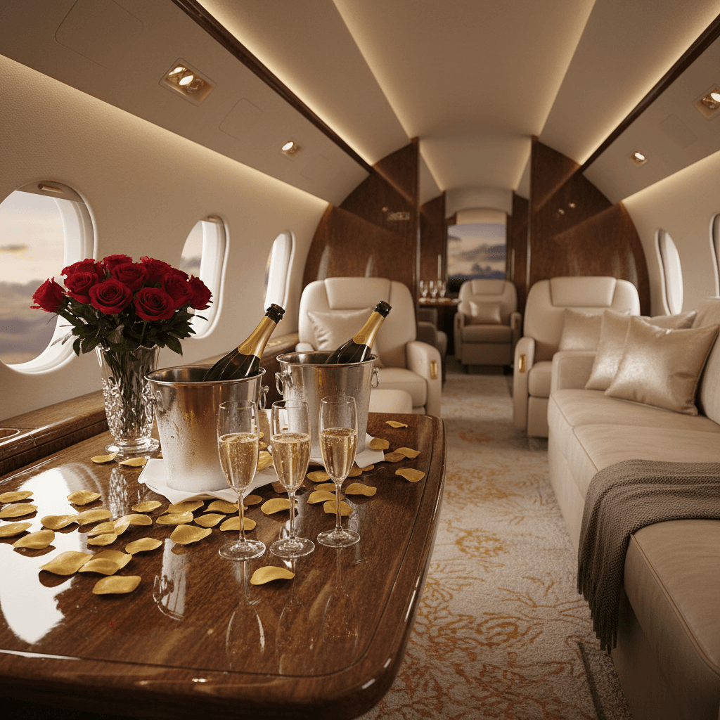 Champagne and rose petals on private jet table