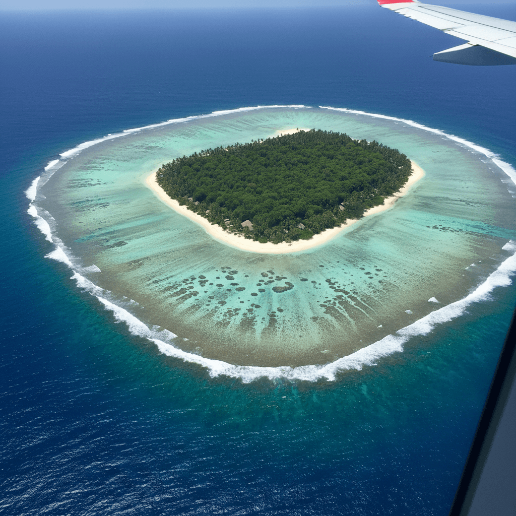 Tropical island coastline from airplane window