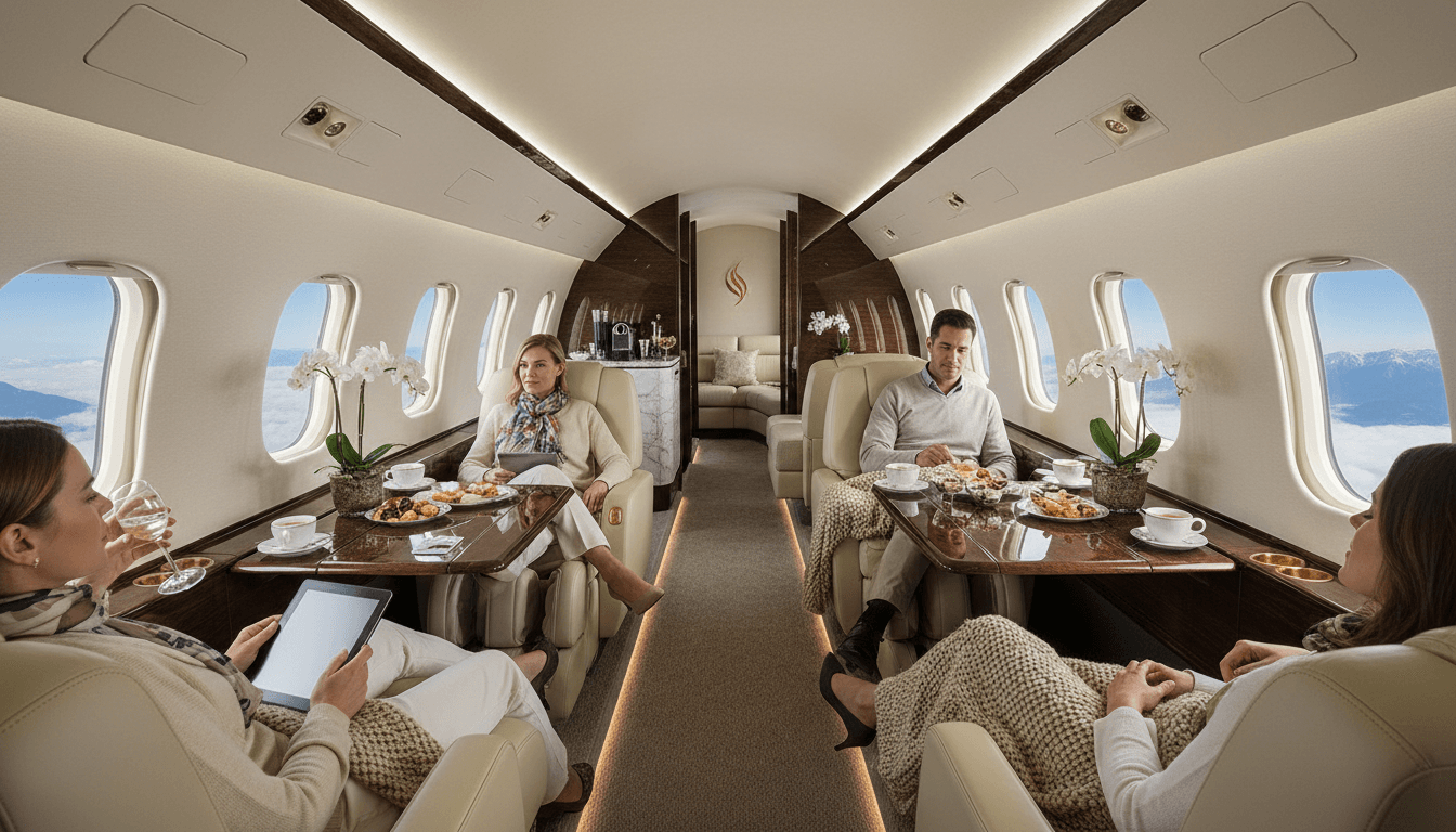 Interior of a luxury private jet with comfortable seating and natural light from windows