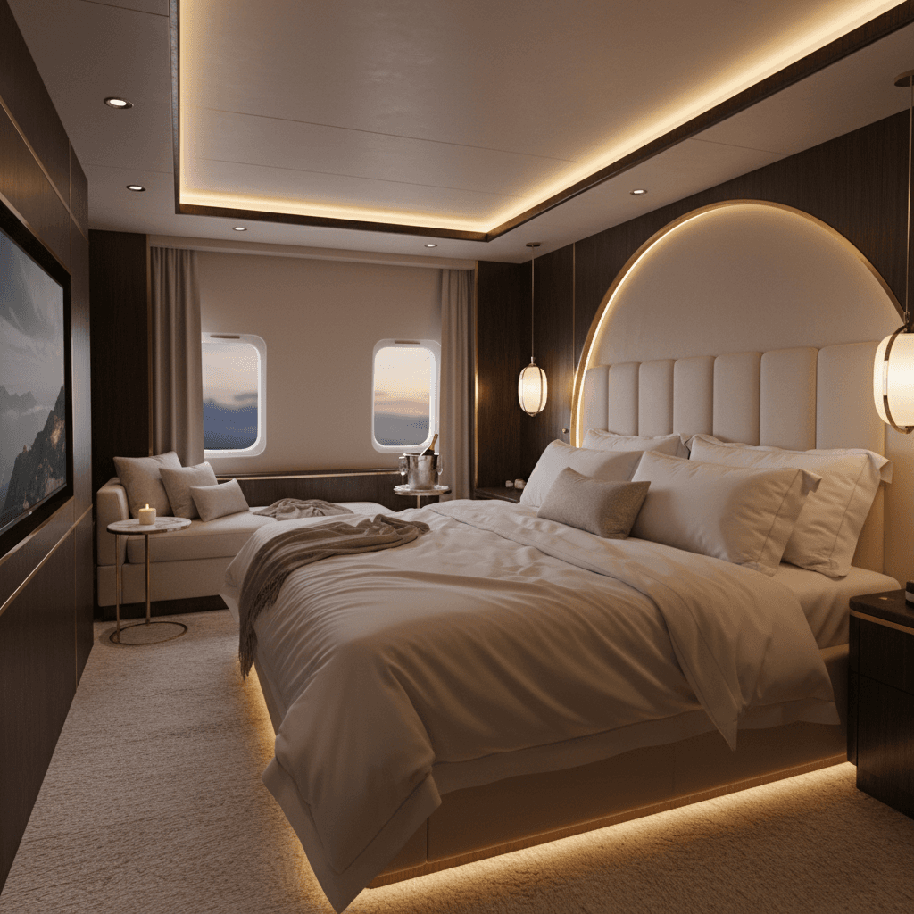 Private jet bedroom suite with king bed