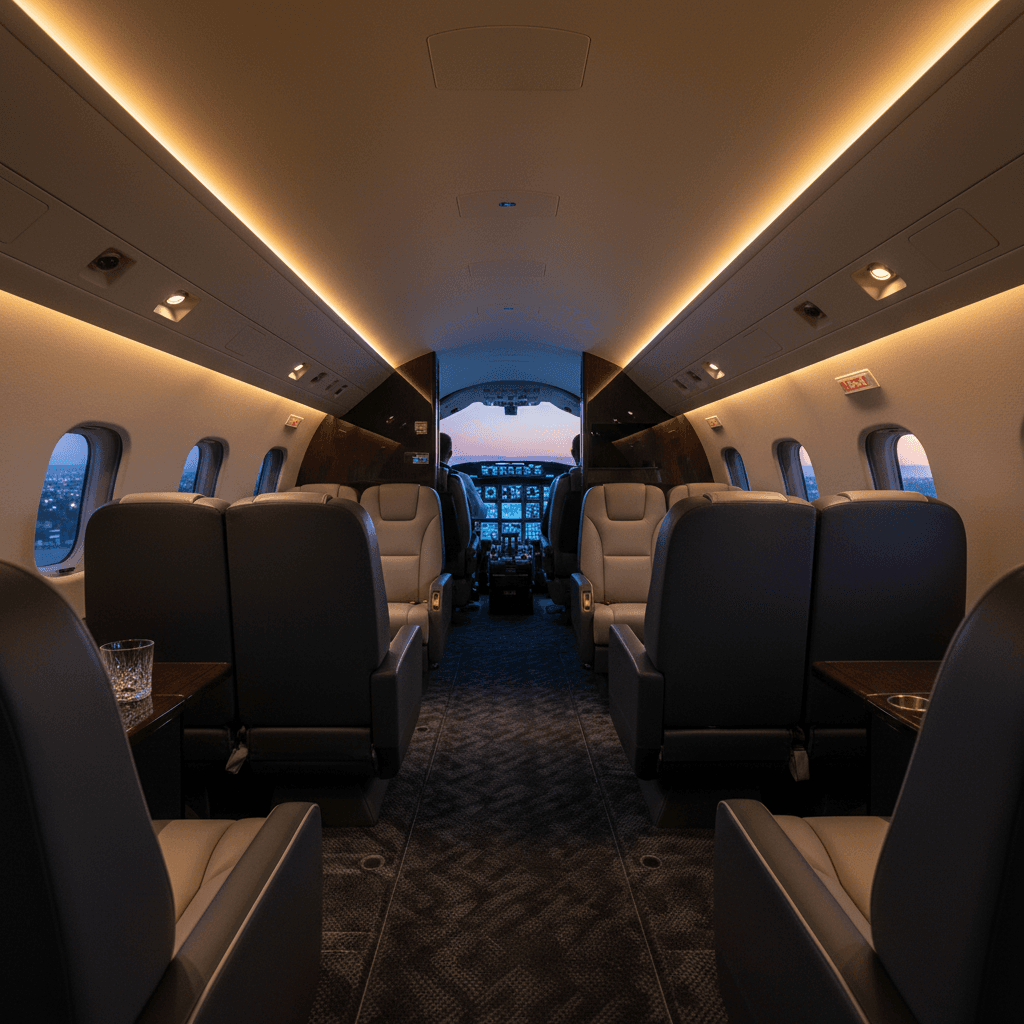 Wide view of private jet cabin with reclining seats at dusk