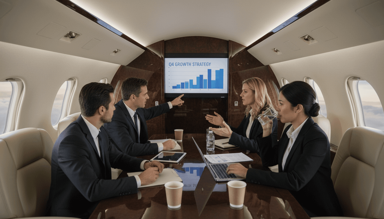 Business professionals collaborating on a private jet during flight