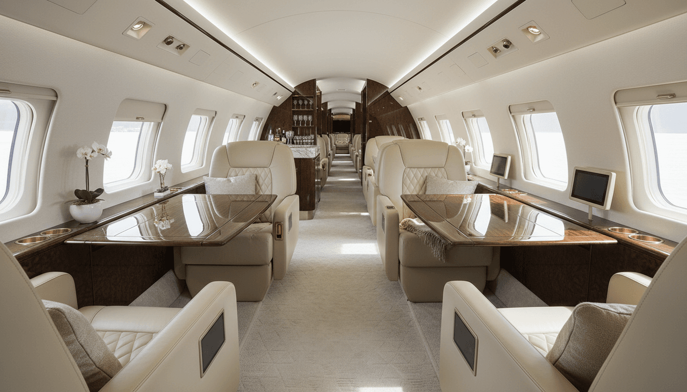 Luxury private jet cabin with comfortable seating