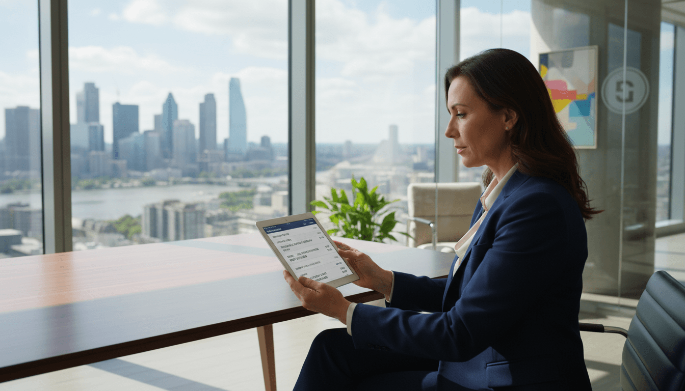 Professional reviewing travel plans on a tablet device