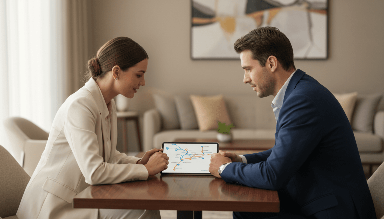 Business professionals reviewing a route on a tablet