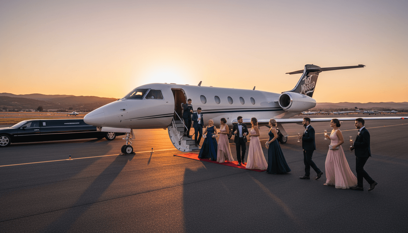 Wedding guests boarding private jet together