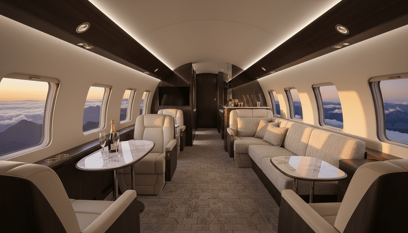 Modern private jet cabin with comfortable seating and natural light