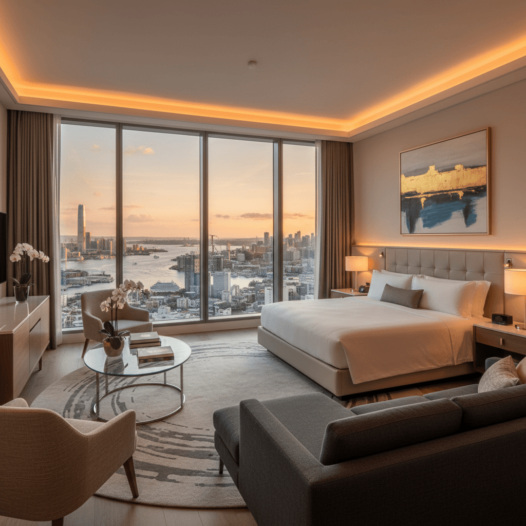 Luxury hotel suite with Sydney harbour views and contemporary design