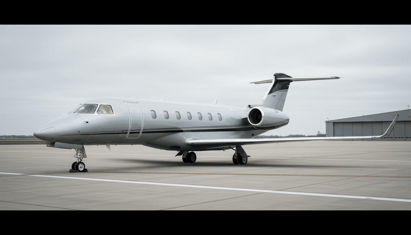 Business jet parked on private tarmac in overcast daylight