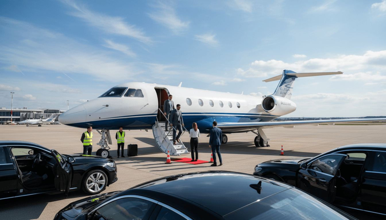 Corporate team boarding a private jet for business travel