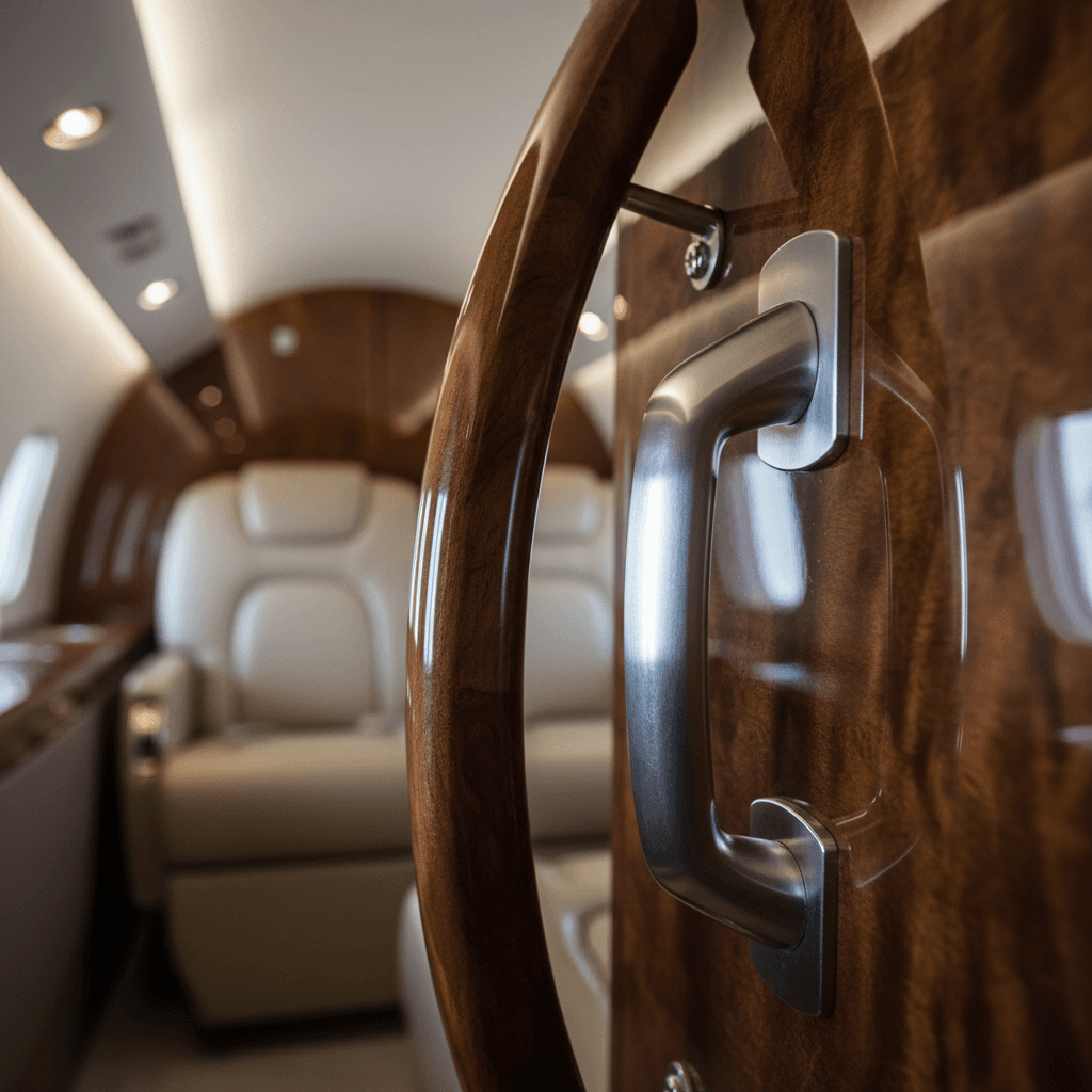 Close-up of private jet entryway handrail and door handle
