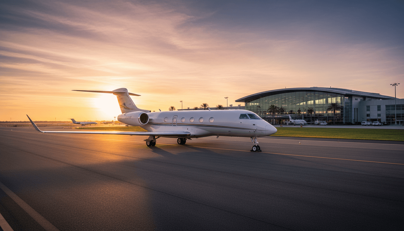 Private jet parked on runway ready for departure