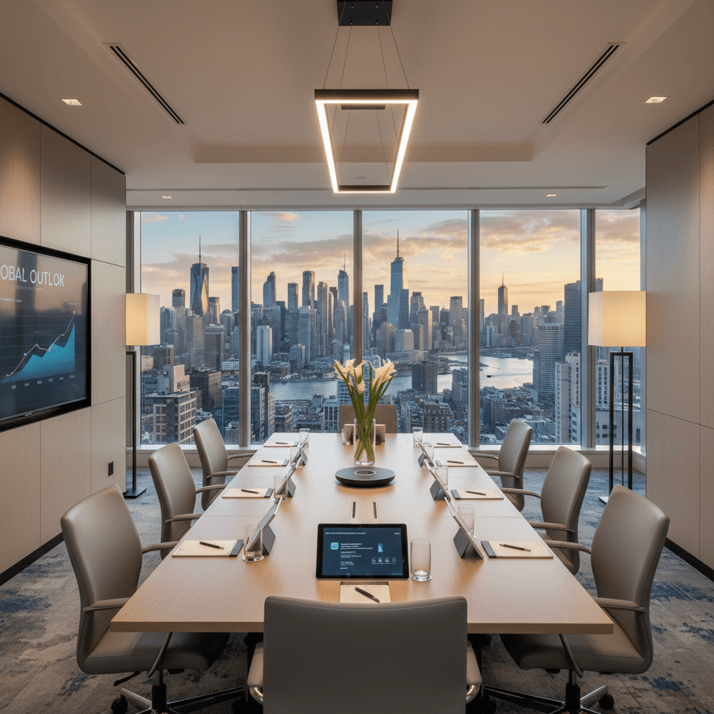 Executive conference room with Sydney skyline views and presentation technology