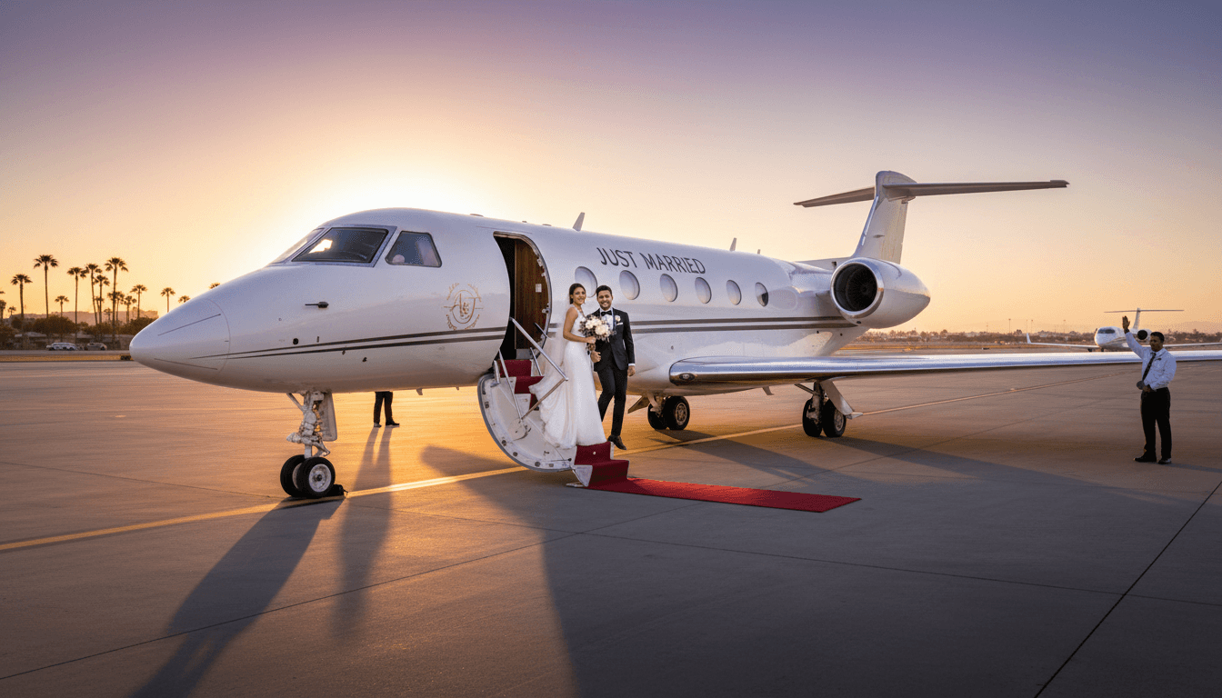 Private jet parked on tarmac at sunset