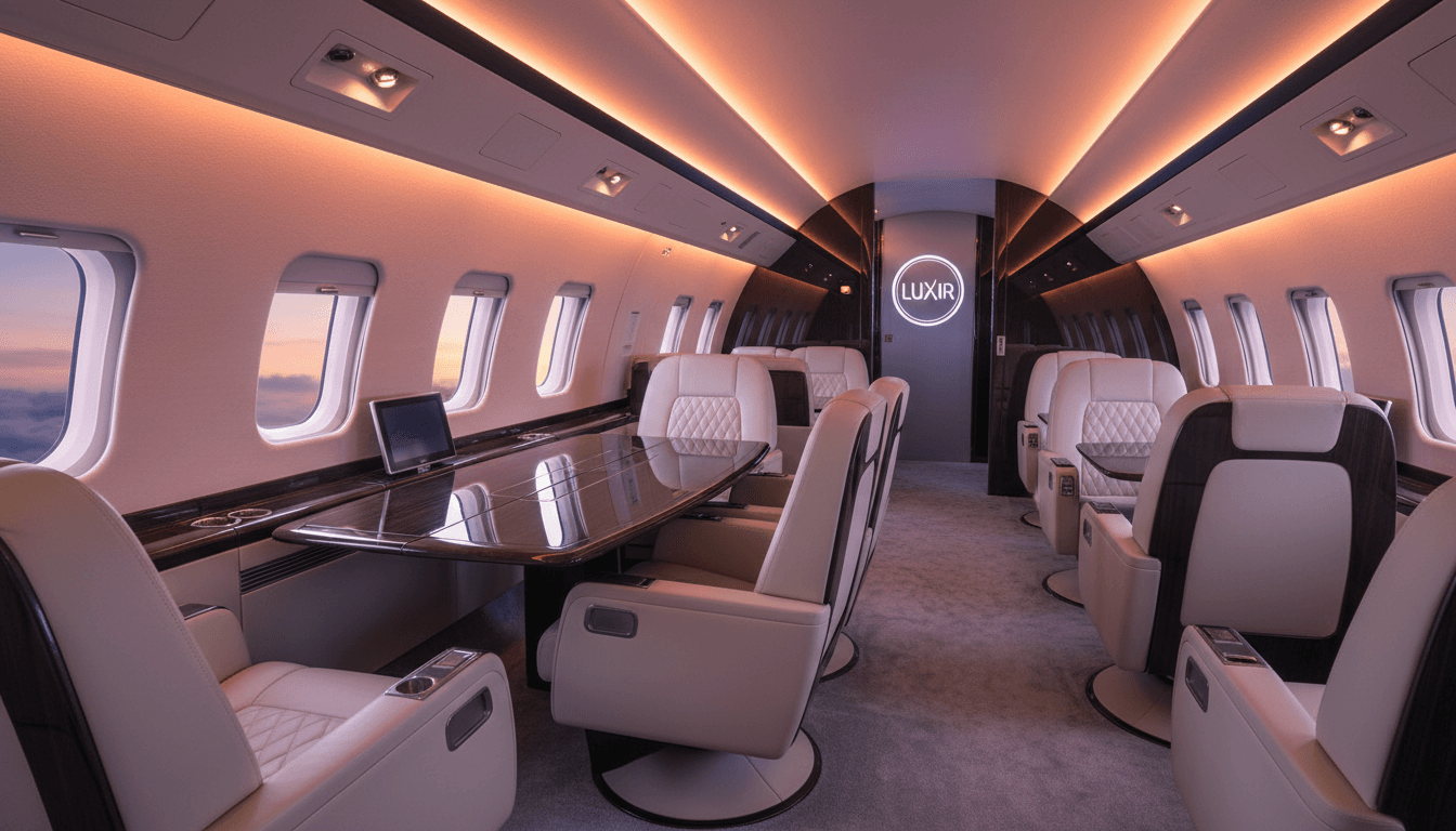 Interior of a luxury private jet with comfortable seating and premium finishes