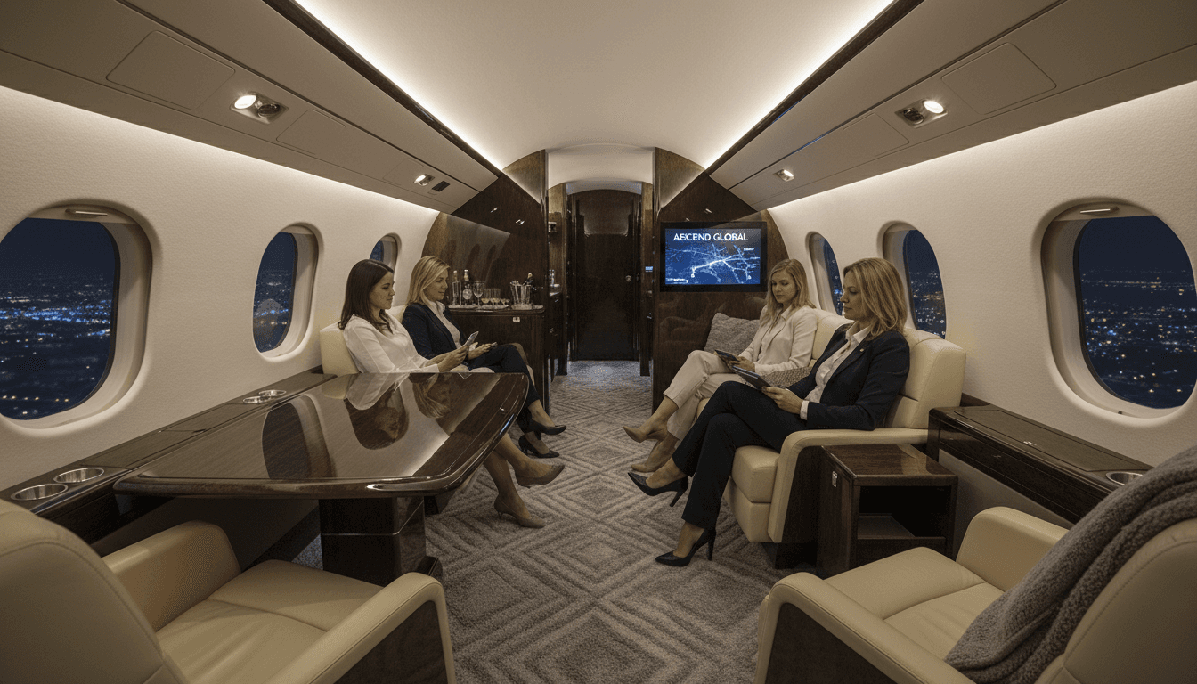 Spacious luxury private jet cabin with premium seating and ambient lighting