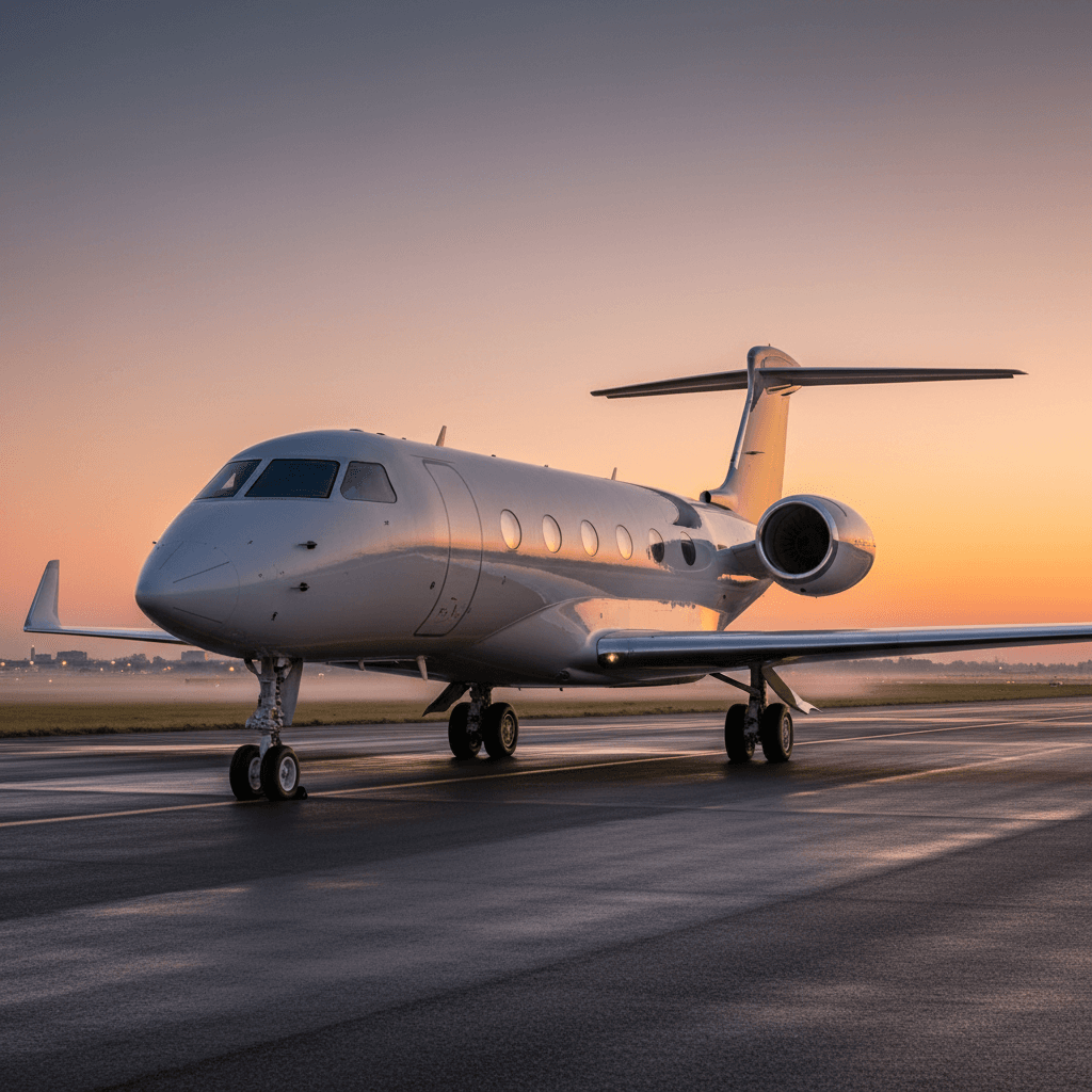 Gulfstream G650ER parked on tarmac at sunrise