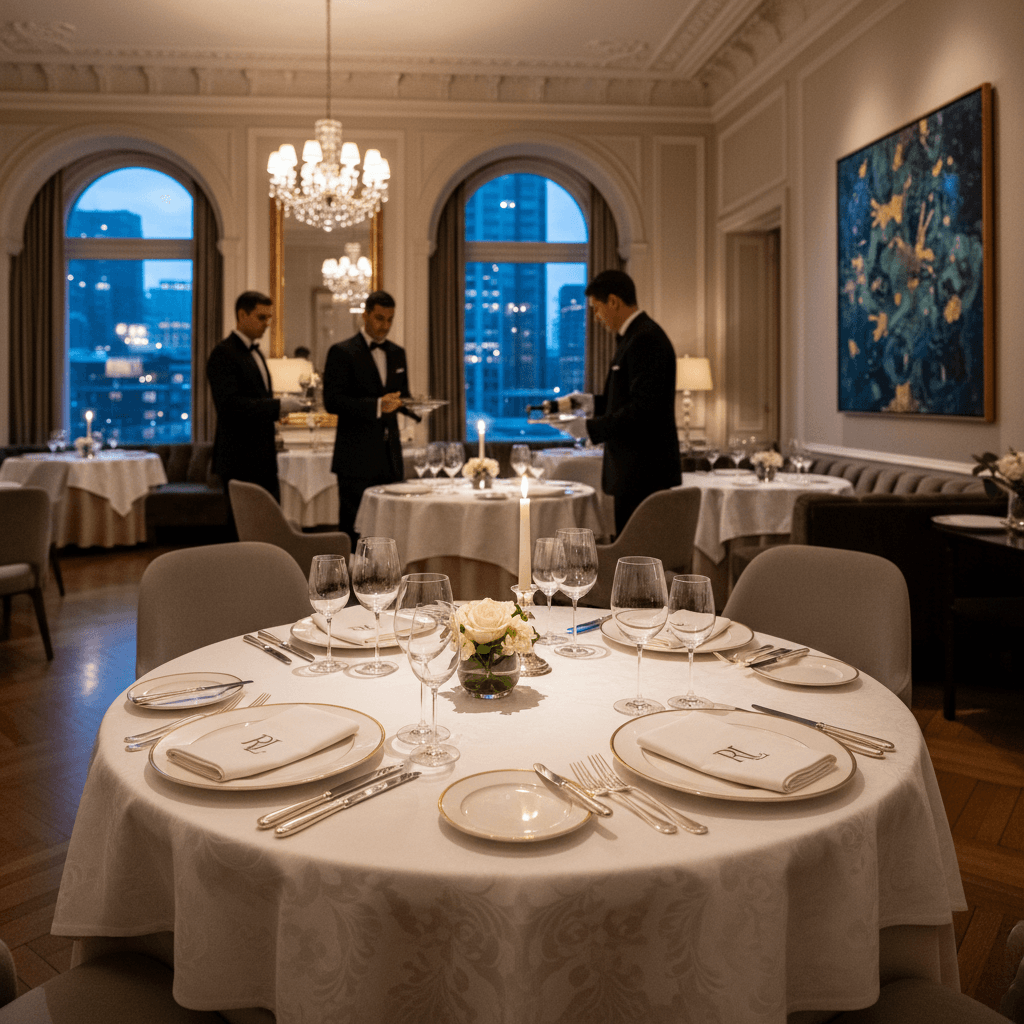 Upscale restaurant interior with sophisticated table arrangements