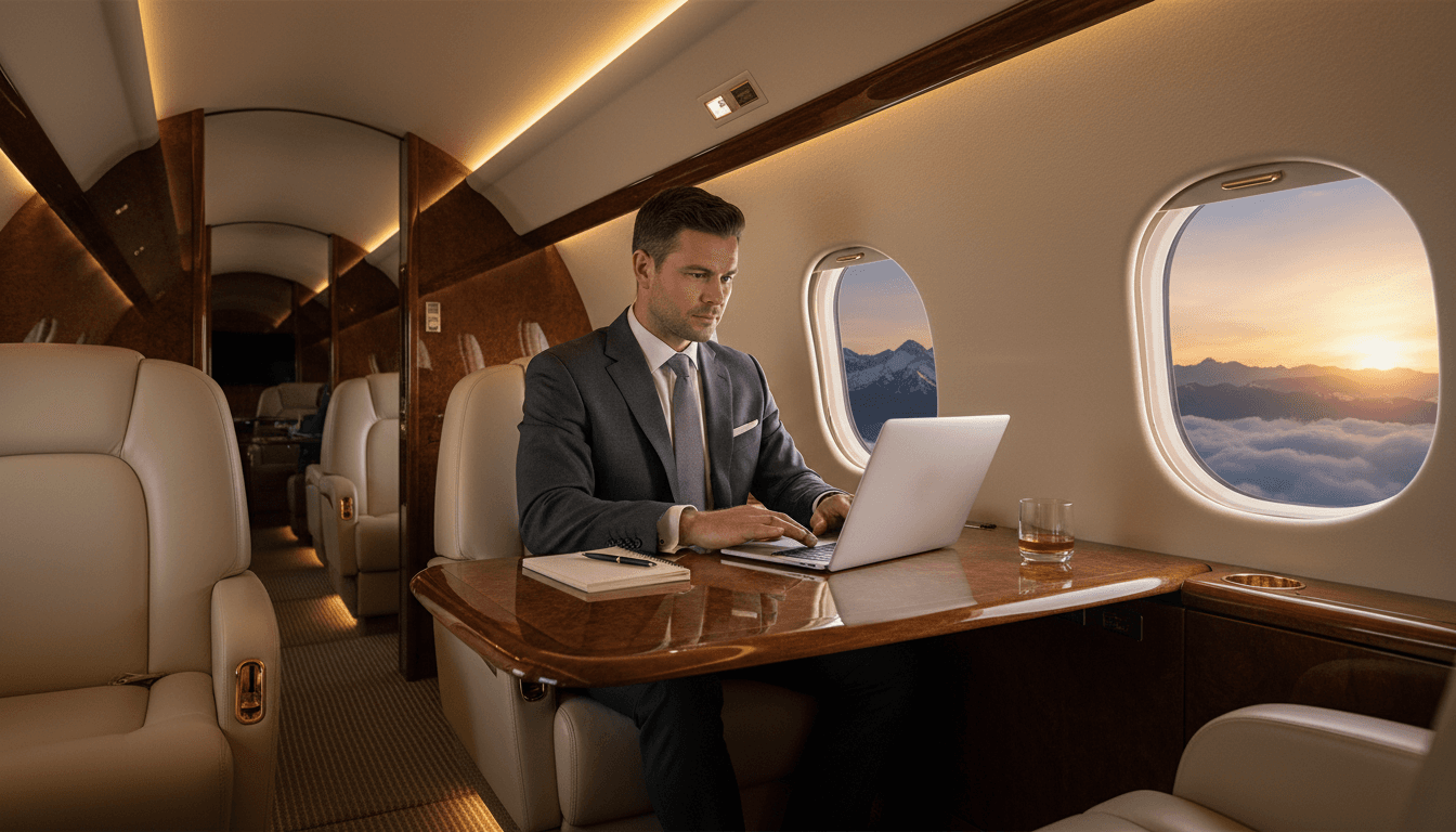 Private jet cabin with confidential meeting space