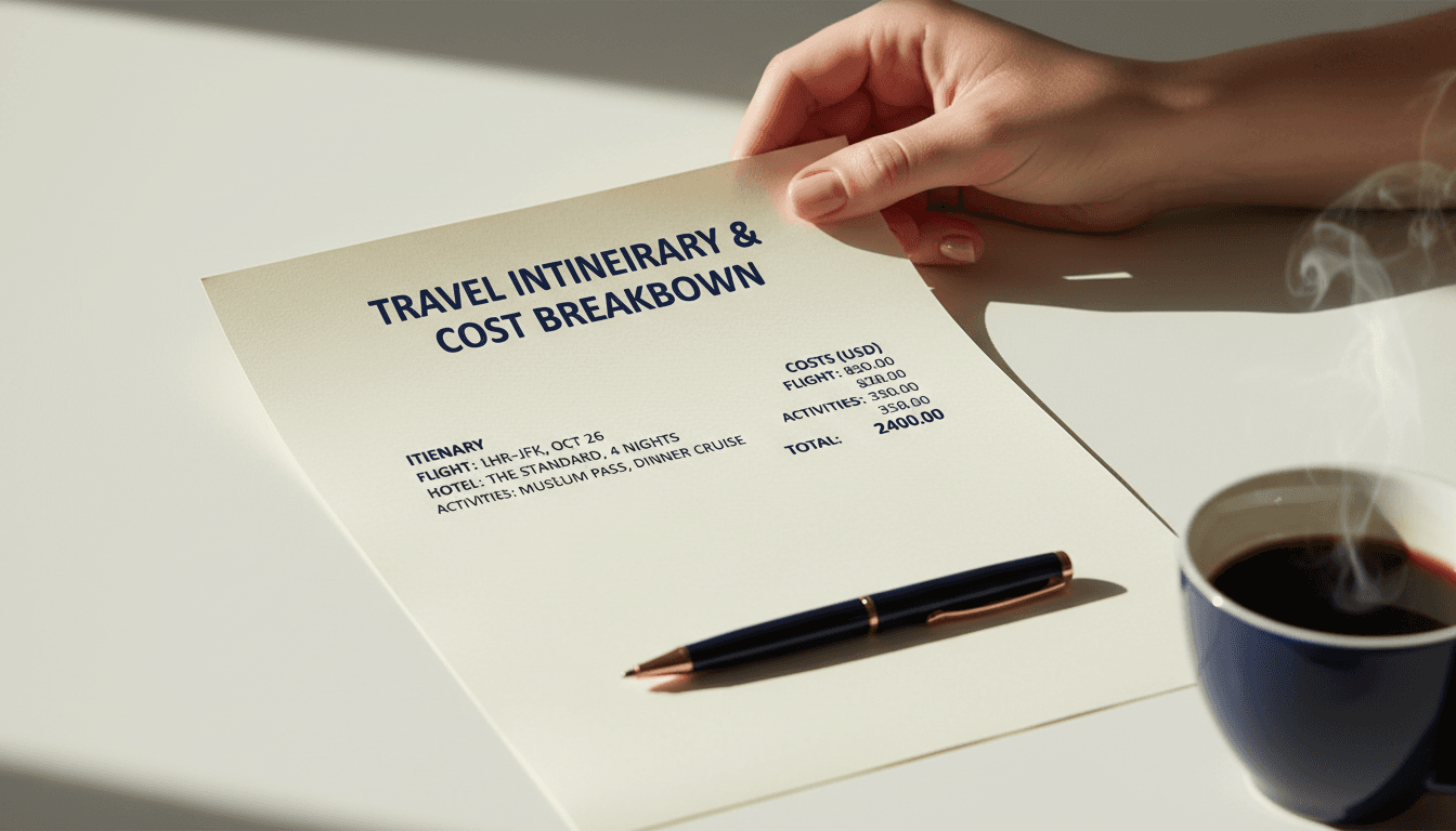 Hand reviewing a printed itinerary and cost breakdown