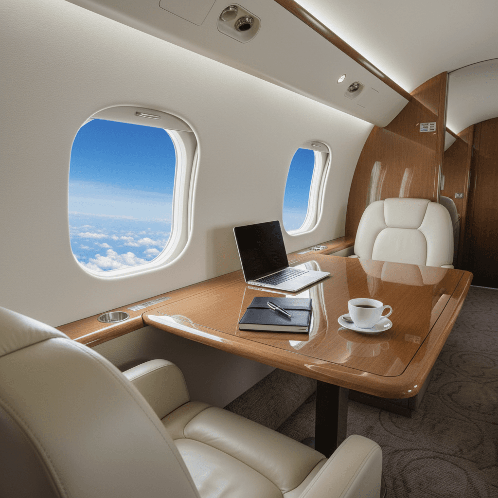 Private jet cabin set up for executive meeting with table and seats
