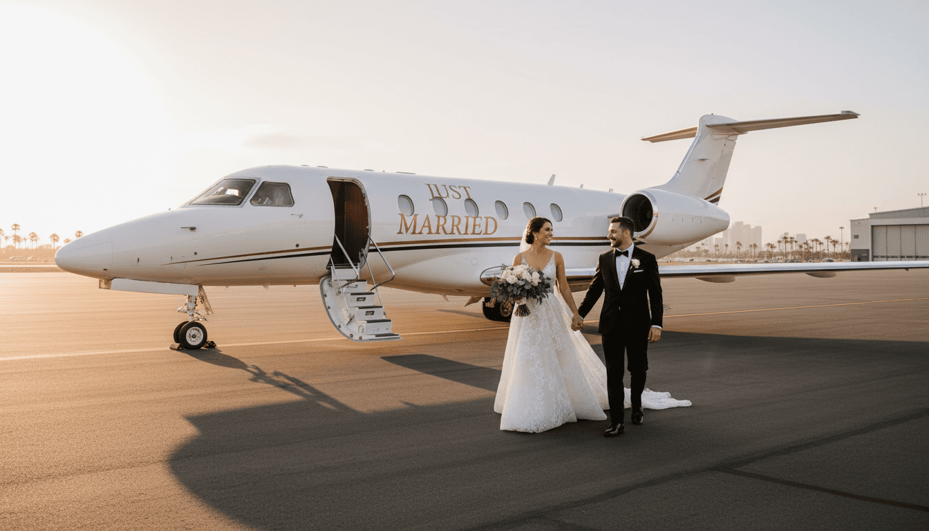 Wedding couple boarding private jet