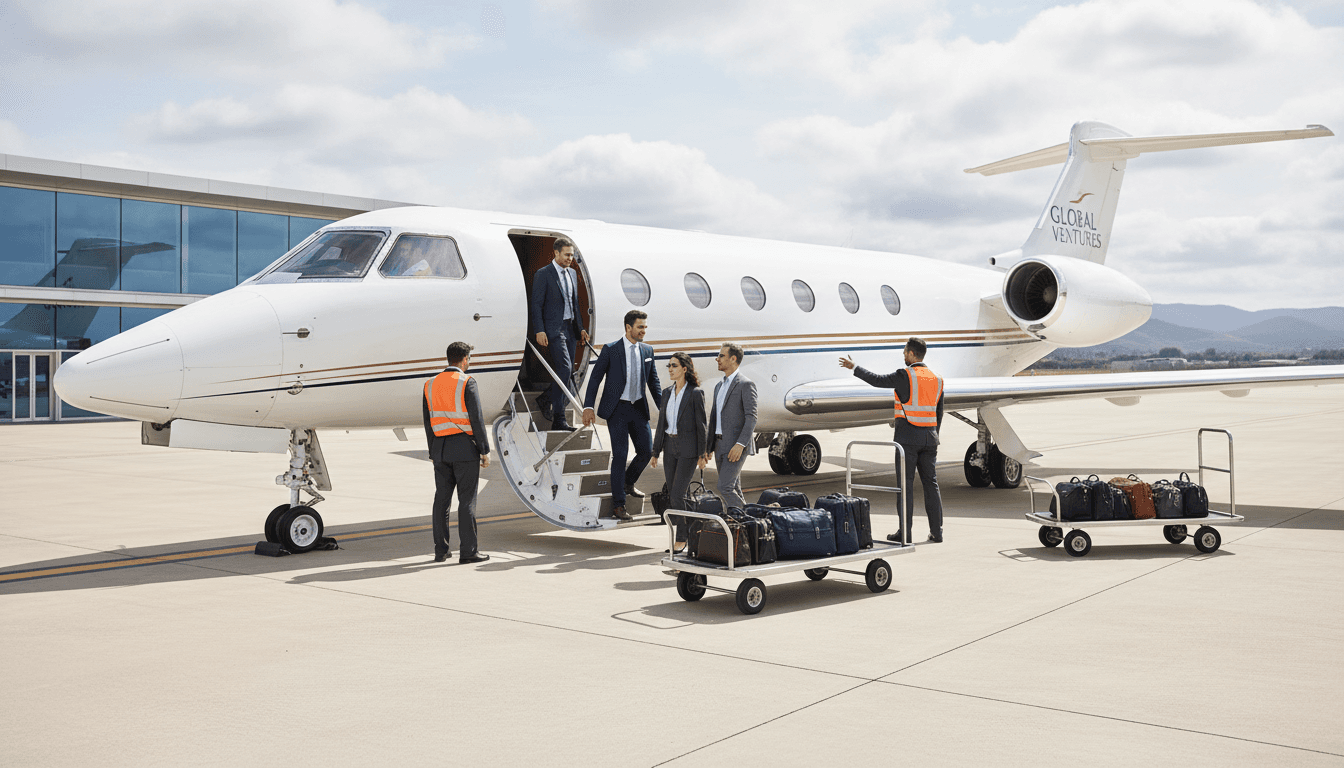 Business team boarding private jet quickly