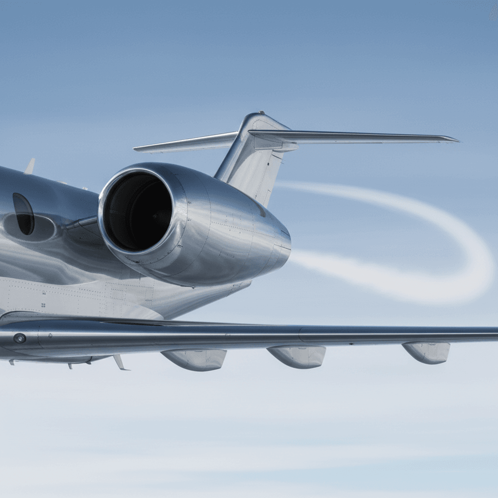 Low-angle view of private jet wing and engine against blue sky