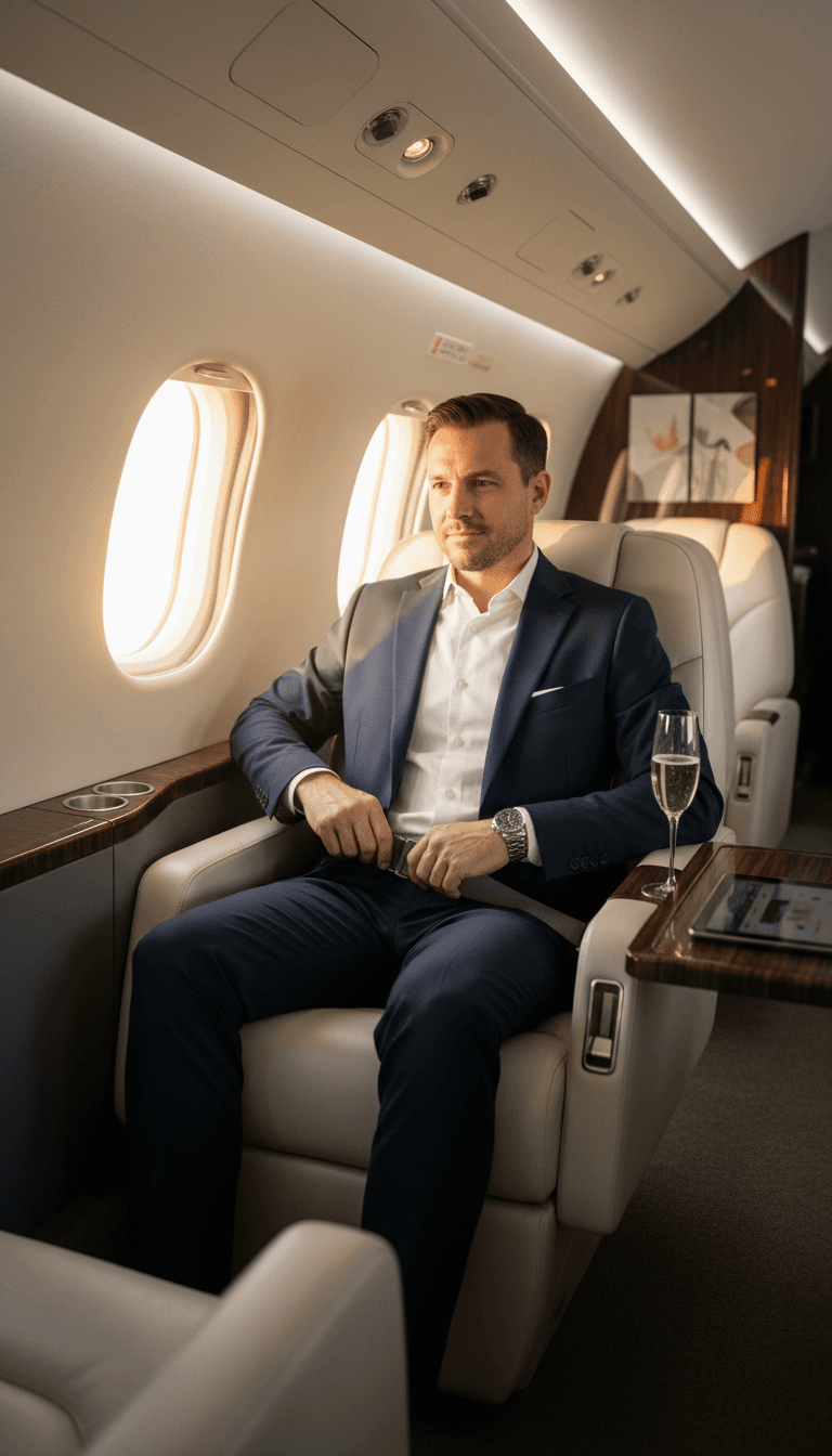 Inside a luxury private jet with modern seating and natural lighting