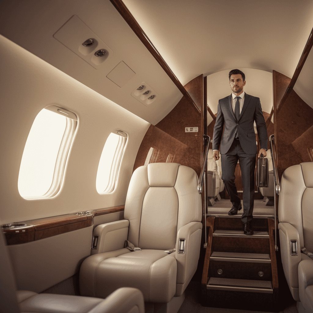 Business traveler ascending stairs to private jet door