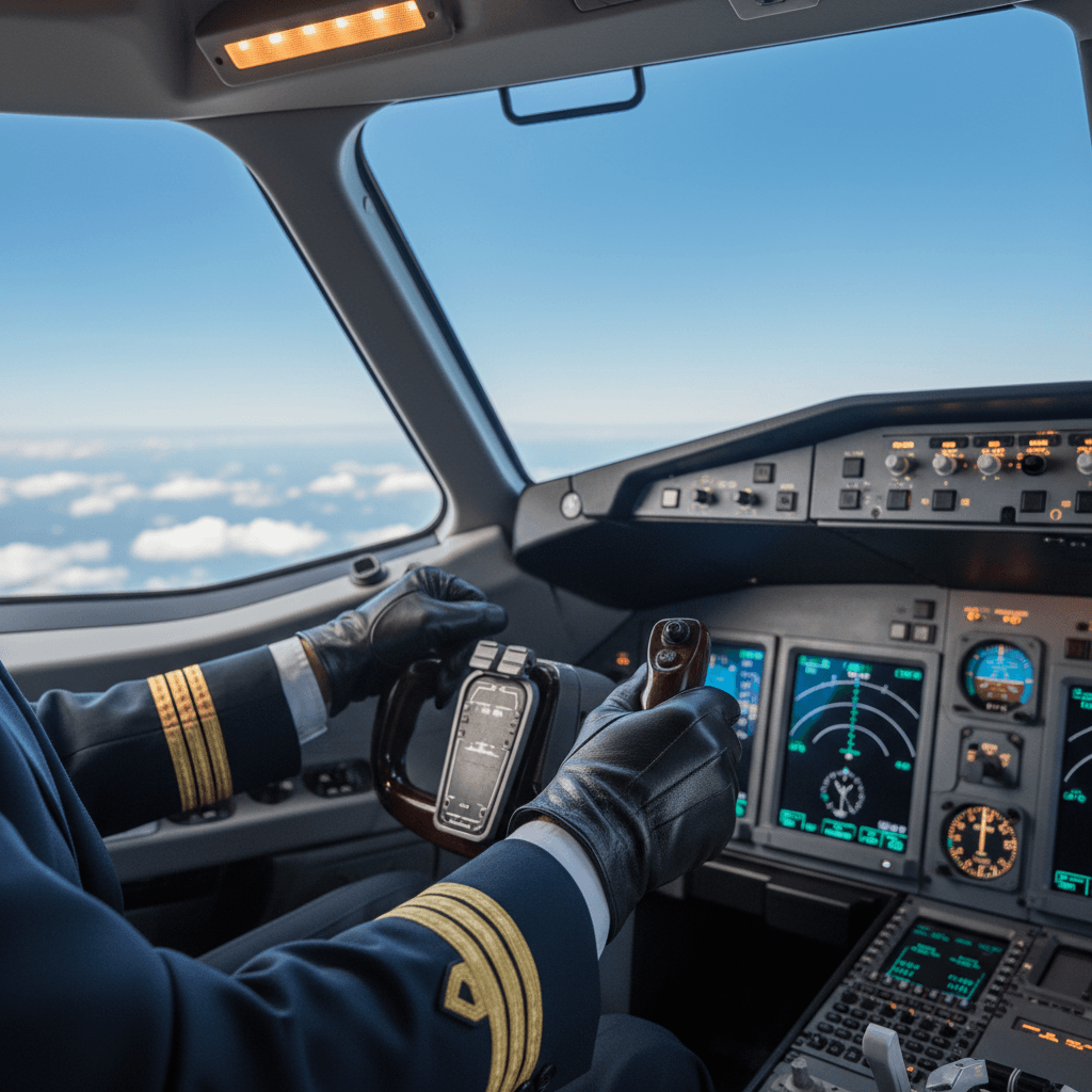 Pilot conducting pre-flight checks in modern aircraft cockpit