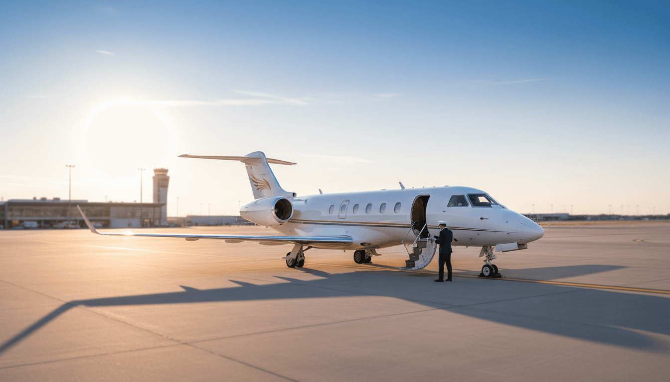 Private aircraft parked at exclusive airfield with professional staff