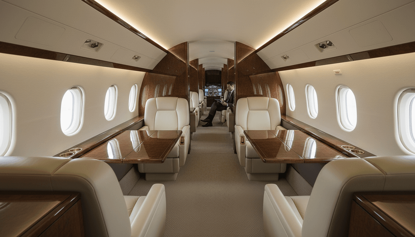 Elegant luxury private jet cabin with premium seating and modern interior design