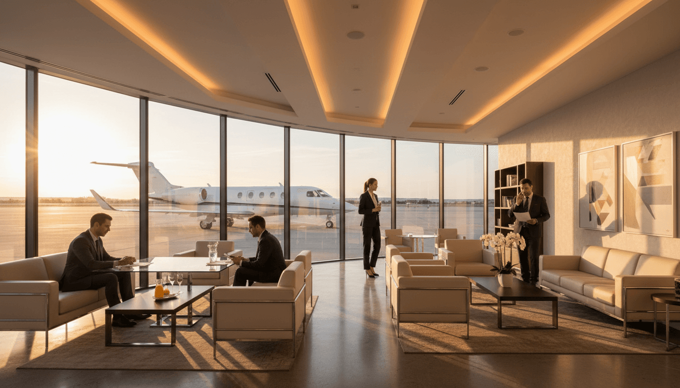 Luxury airport lounge interior with modern furniture and skyline