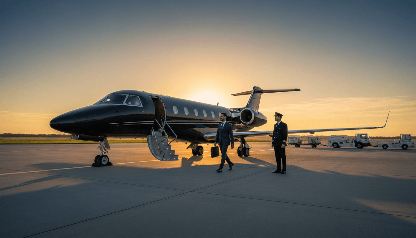 Luxury private jet parked on tarmac with golden hour lighting