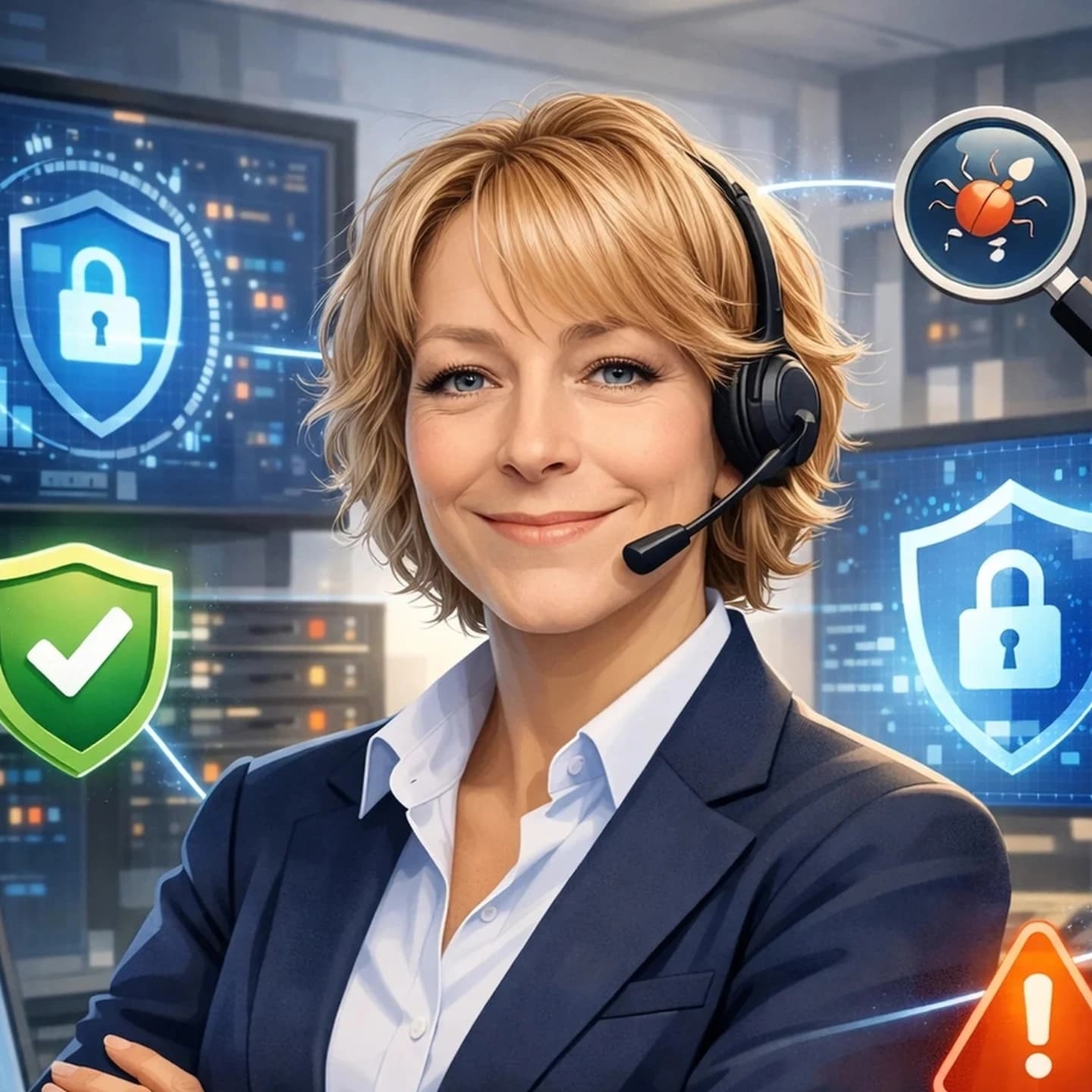 Smiling blonde professional wearing a headset in a cybersecurity center with digital security icons.